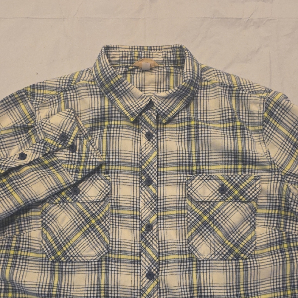 Duluth Trading Co Women's Crosscut Wicking Flannel Shirt Blue Yellow Plaid XL